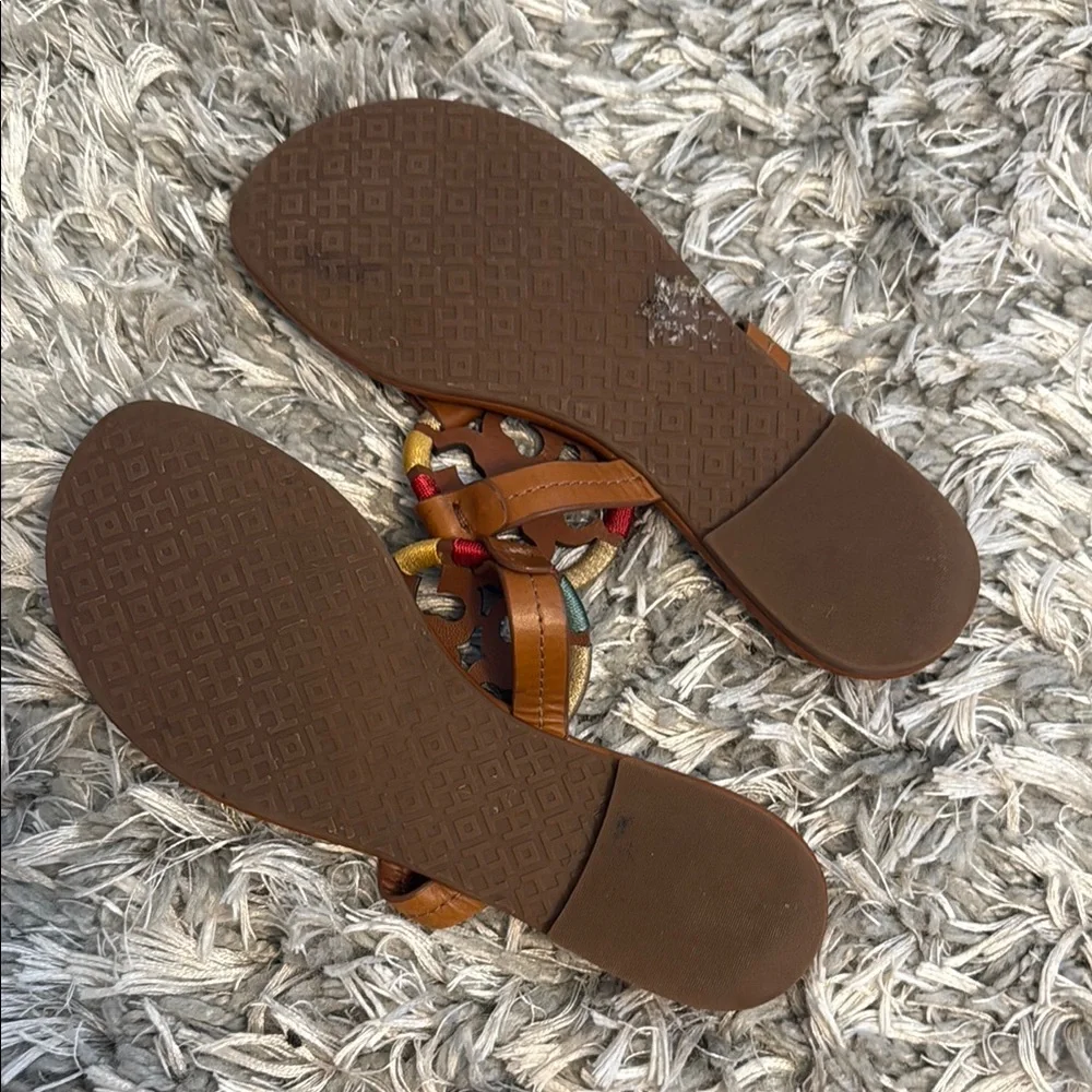 Tory Burch Brown Leather Logo Thong Sandals with Multicolor Accent